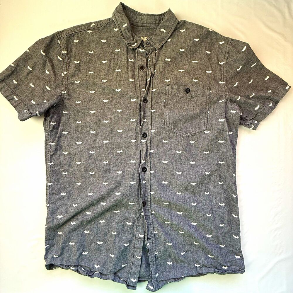 VTG Style All Over Bat Print Button Up Shirt Grey Goth Whimsigoth Spooky Top S